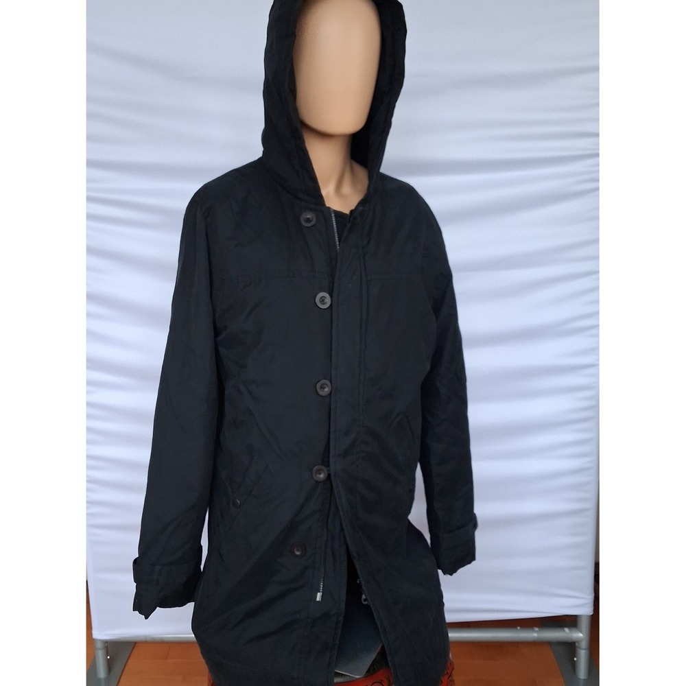 Sisley Mens Black Hooded Parka Jacket Mid Length Button Zip Coat Size Large